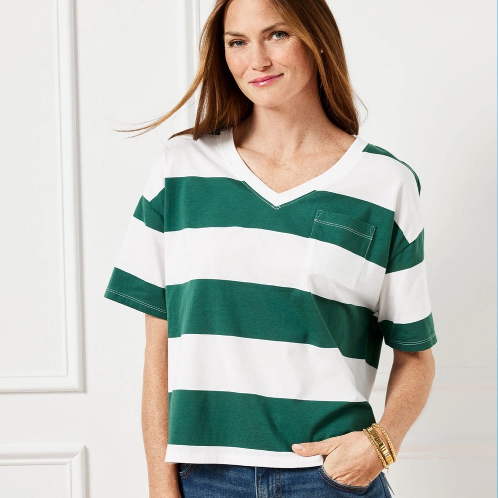 Talbots Green and White Striped Short Sleeve Top Petite small nwt